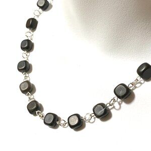 Genuine Black Agate Short Necklace, Natural Gemstone Cube & Silver Tone Links